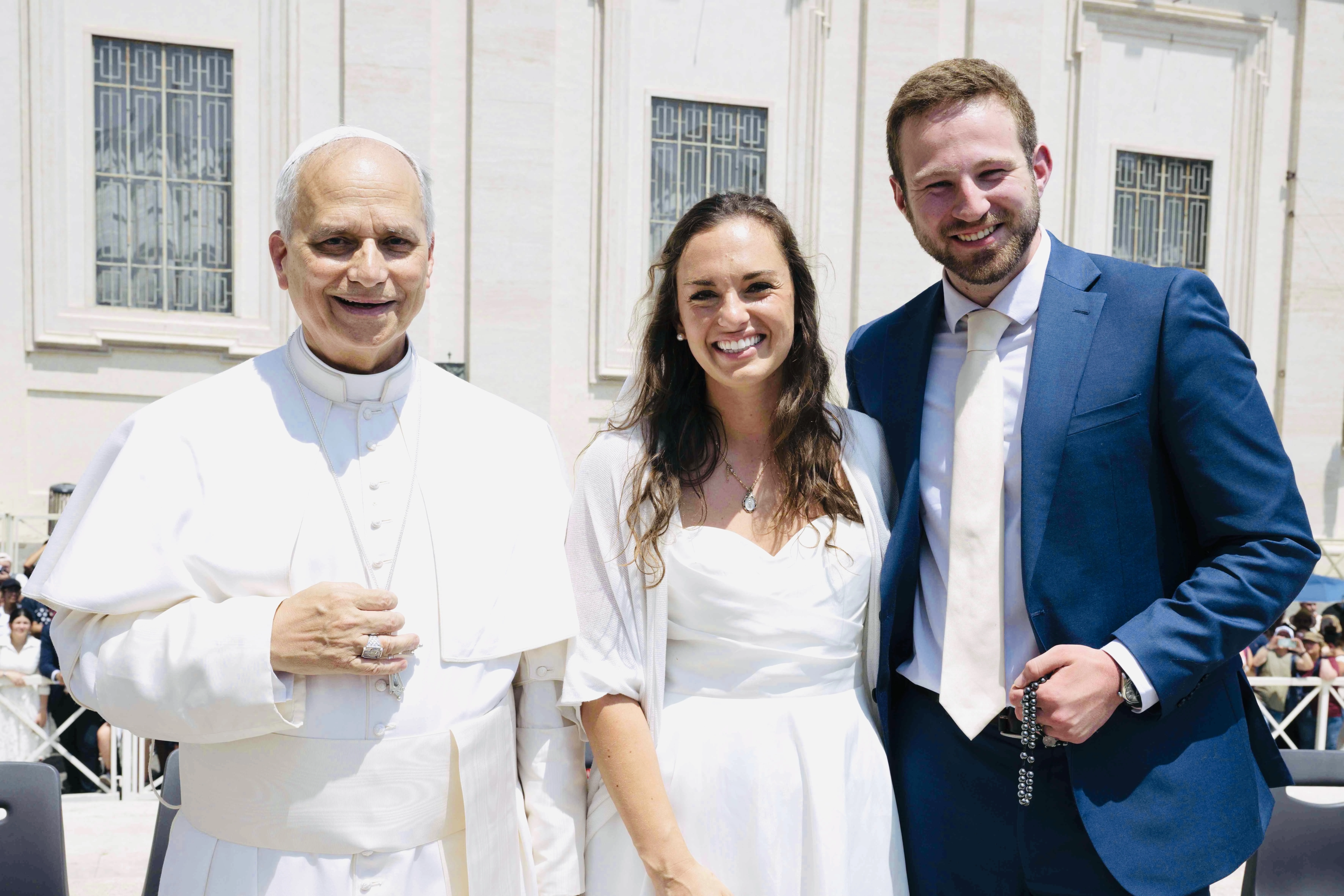 Newlyweds Anna and Cole Stevens meet Pope Leo XIV at the general audience in Rome on Wednesday, June 11, 2025.?w=200&h=150