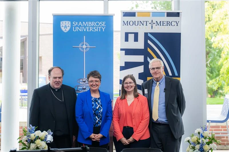 (Left to right) Bishop Dennis Walsh of Davenport, Iowa; St. Ambrose University President Amy Novak; Mount Mercy University President Todd Olson; and Conference for Mercy Higher Education Executive Director Julia Cavallo at the June 27, 2025, Milestone Celebration.?w=200&h=150