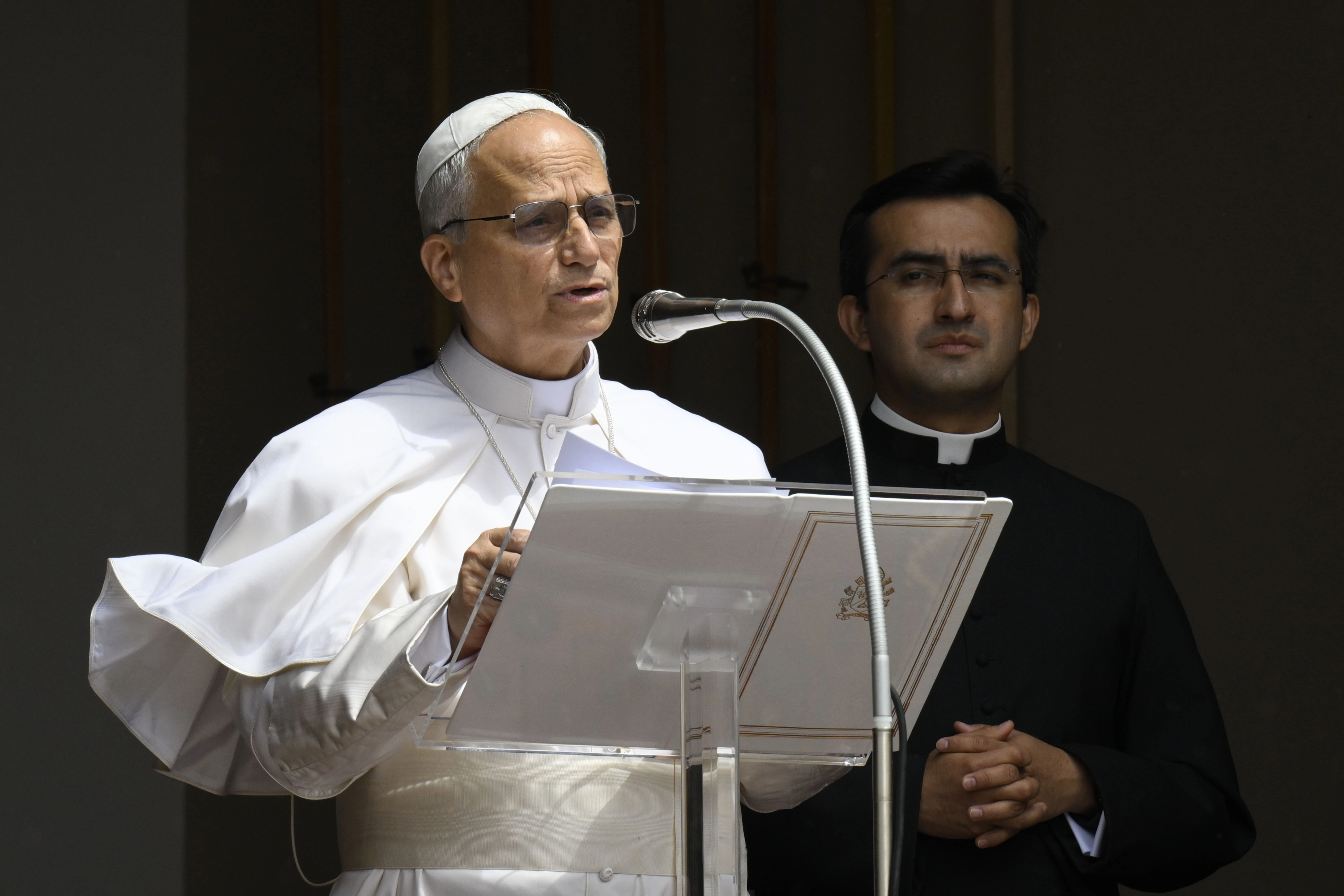 Pope Leo XIV delivers the Angelus address on July 13, 2025, from Liberty Square in Castel Gandolfo, Italy, where he is spending a two-week summer break.?w=200&h=150