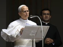 Pope Leo XIV delivers the Angelus address on July 13, 2025, from Liberty Square in Castel Gandolfo, Italy, where he is spending a two-week summer break.