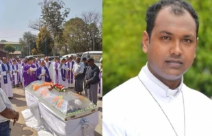 The funeral of Father Donald Martin Ye Naing Win (left), who was martyred in Myanmar on Feb. 14, 2025. Credit: Archdiocese of Mandalay