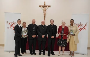From left to right: Daniel Marker, Susan Young, Bishop Chad W. Zielinski of New Ulm, Bishop Daniel Thomas of Toledo, Bishop Michael Burbidge of Arlington, Judy Haag, and Valerie Washington. Credit: United States Catholic Conference of Bishops
